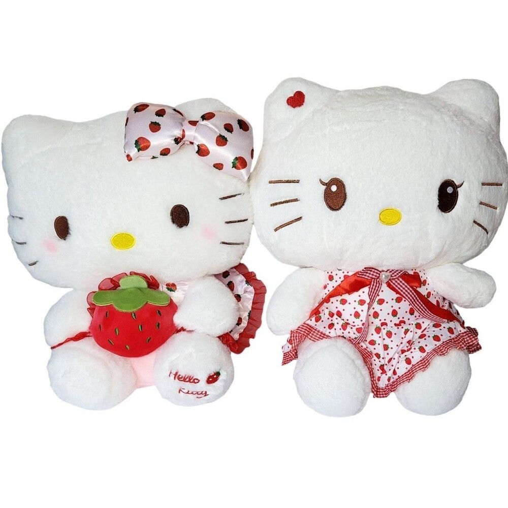 2 Hello Kitty Stuffed Plush Strawberry Dresses 15" & 16"